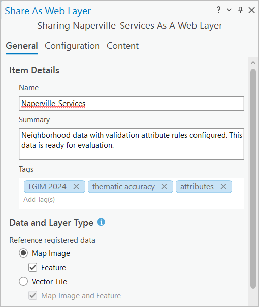 Share As Web Layer pane with parameters populated Share As Web Layer pane with parameters populated