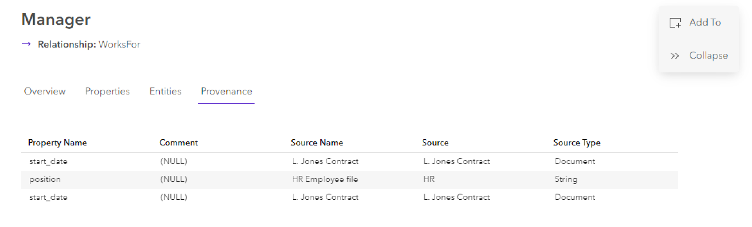 Relationship provenance tab Relationship provenance tab